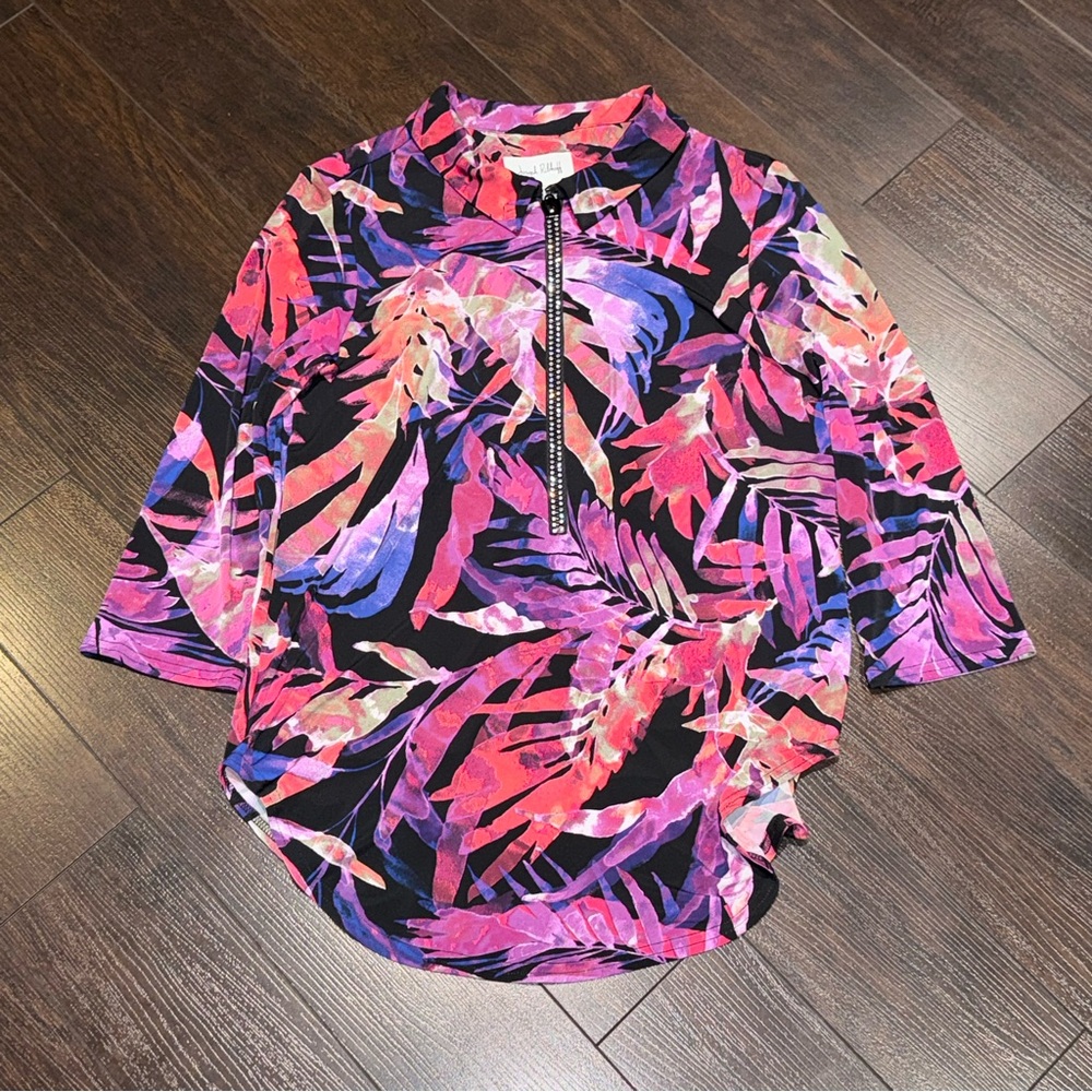 Joseph Ribkoff Multicoloured Floral Print 1/2 Zip Studded Blouse Women's Size 6